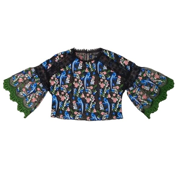 Topshop Women Top Crop Colorful Floral Embroidered Mesh Blouse 3/4 Bell Sleeve 4 - Picture 1 of 5